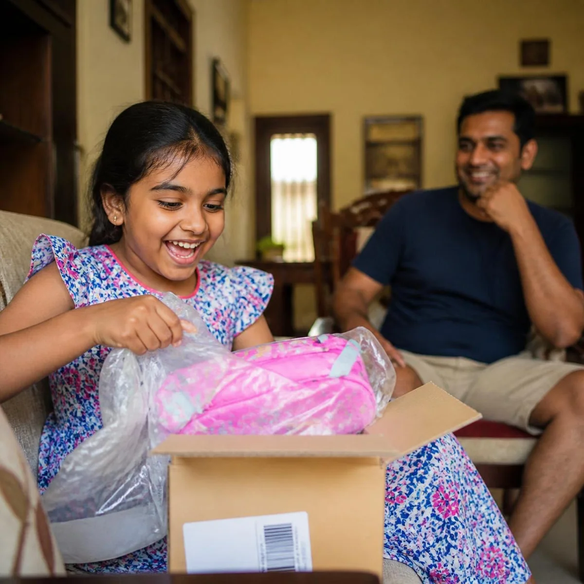 A girl laughing as she opens her delivery at home, her father smiling beside her
