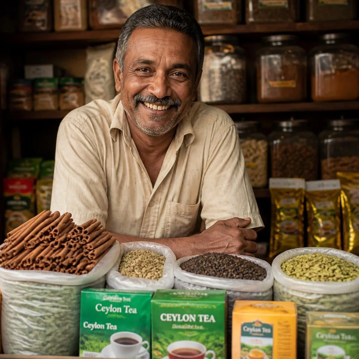 A spice and tea shop owner smiling behind his counter of cinnamon and spices