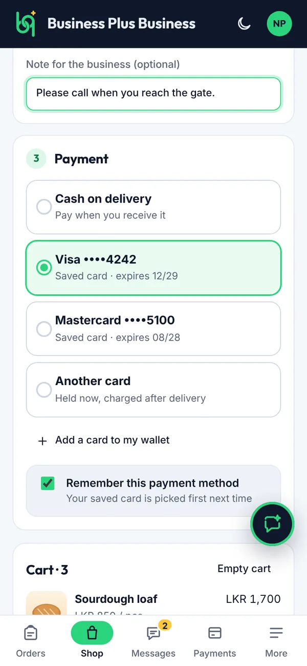 Payment choices at checkout on a phone