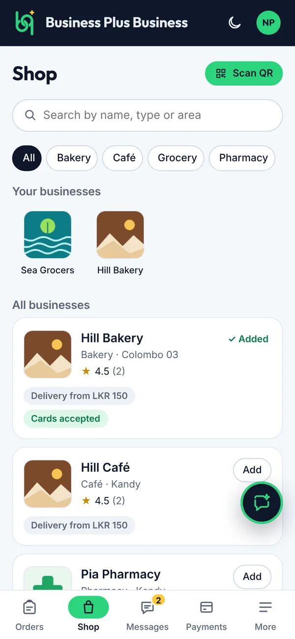 Shop: find and add businesses on a phone