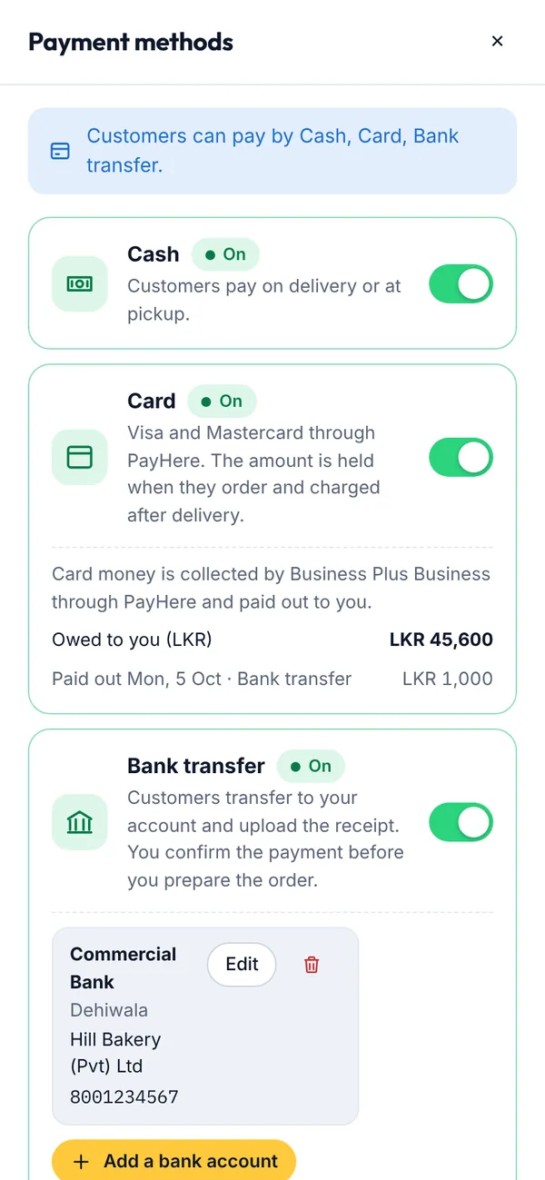 Payment methods on a phone