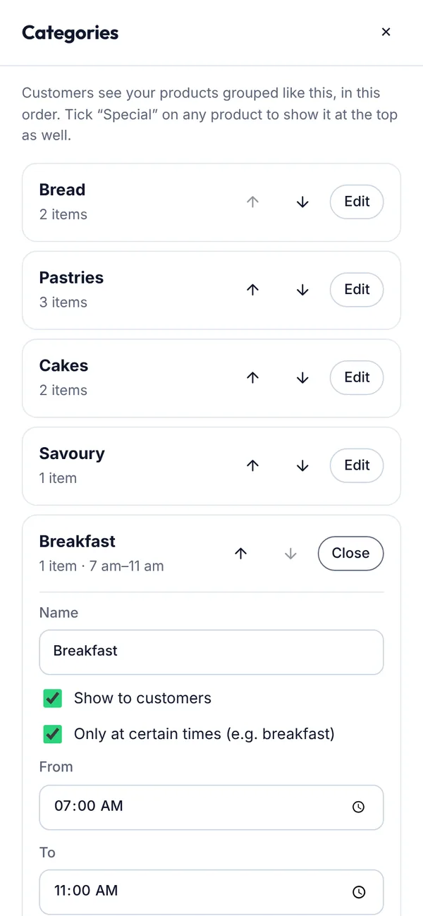Setting hours for a category on a phone