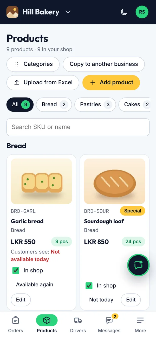 Products with categories and what customers see on a phone