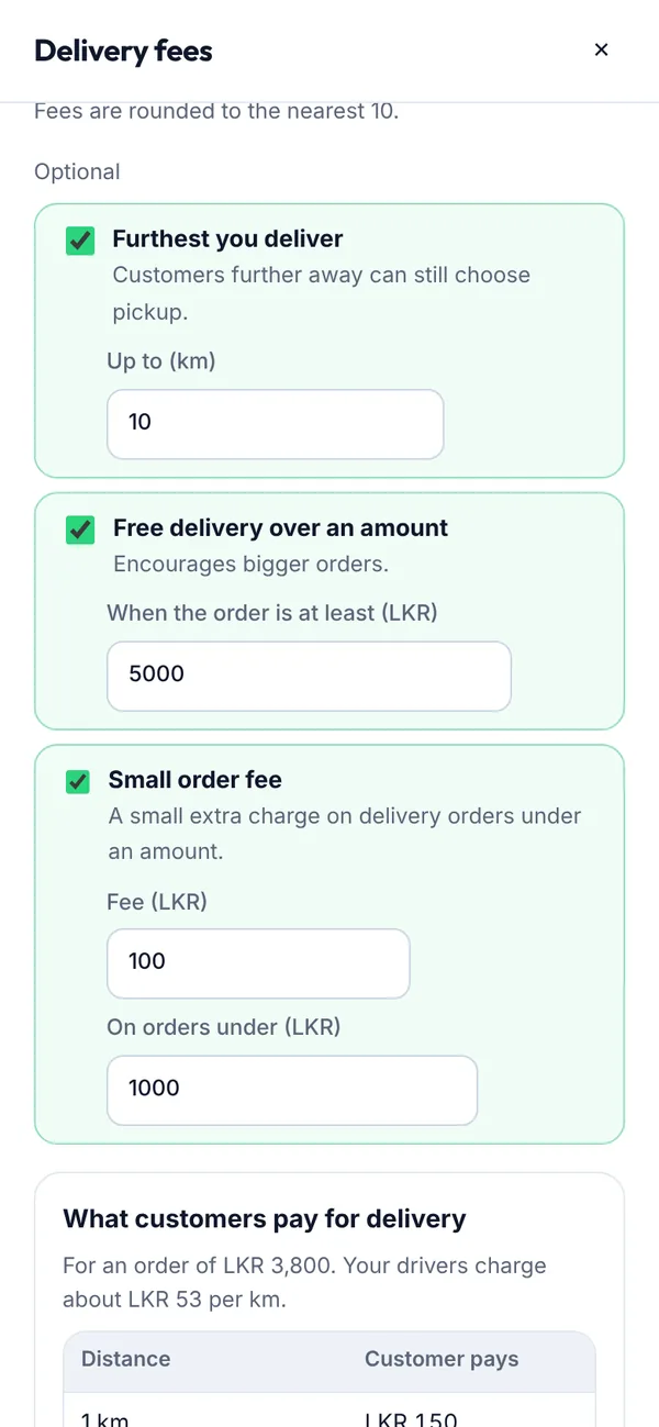 Optional limits and the price preview on a phone