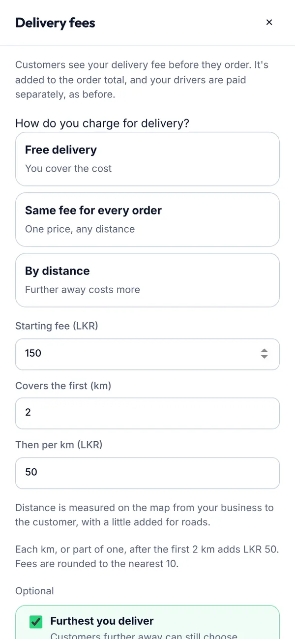 Choosing how to charge for delivery on a phone