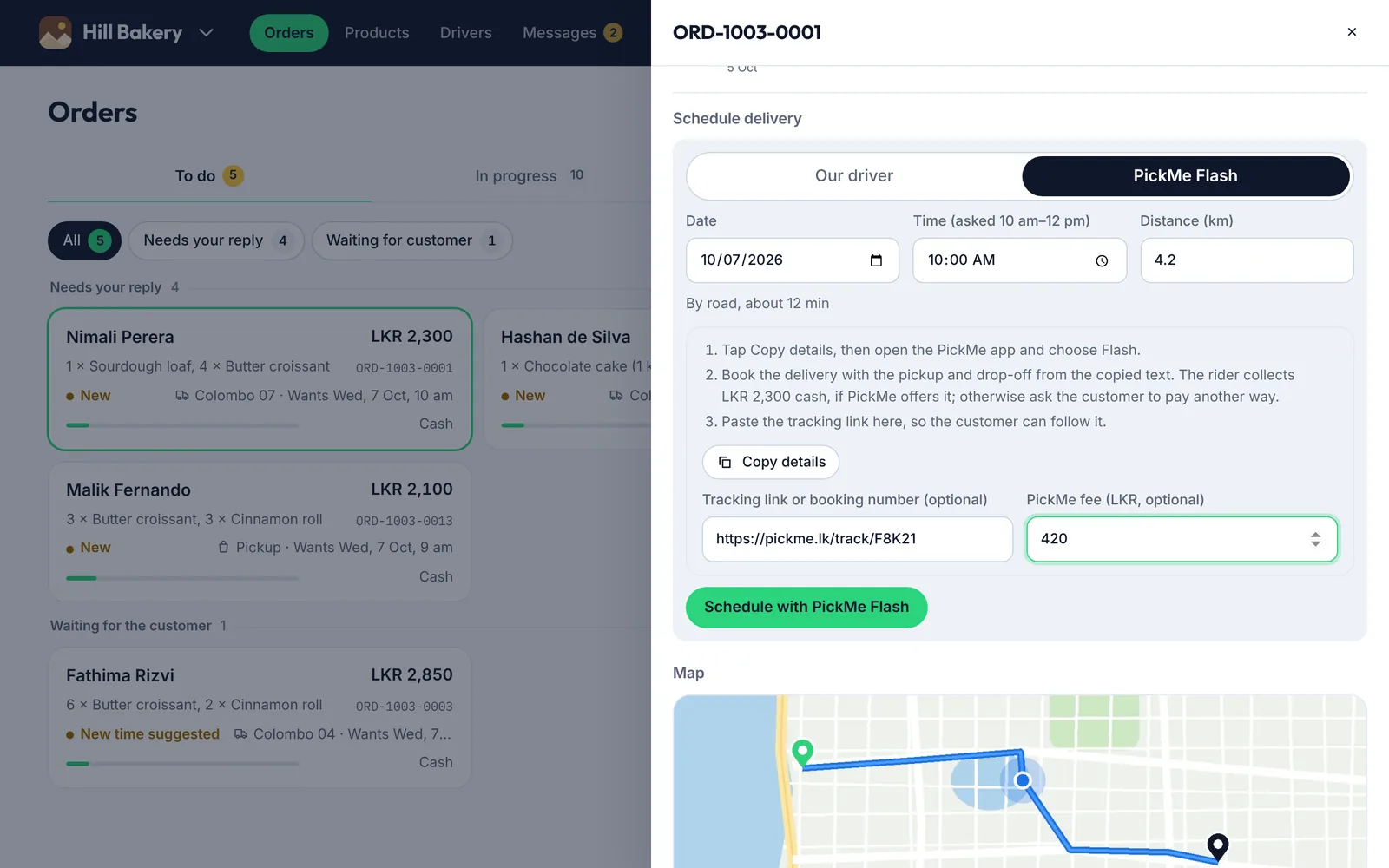 Scheduling a delivery with PickMe Flash on a computer