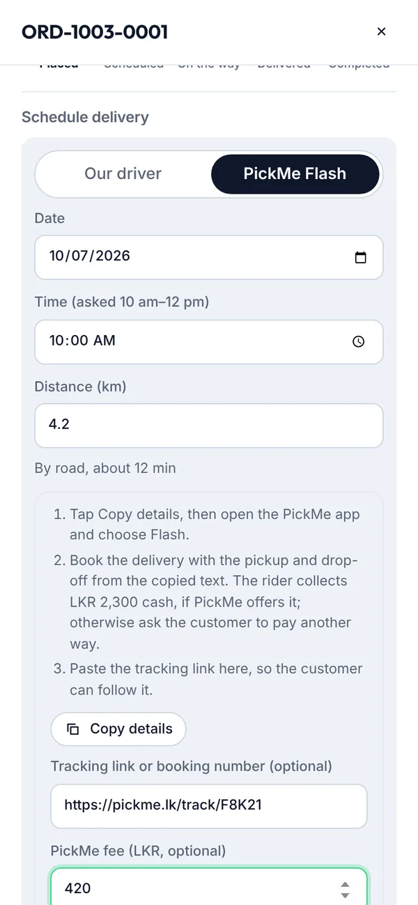 Scheduling a delivery with PickMe Flash on a phone